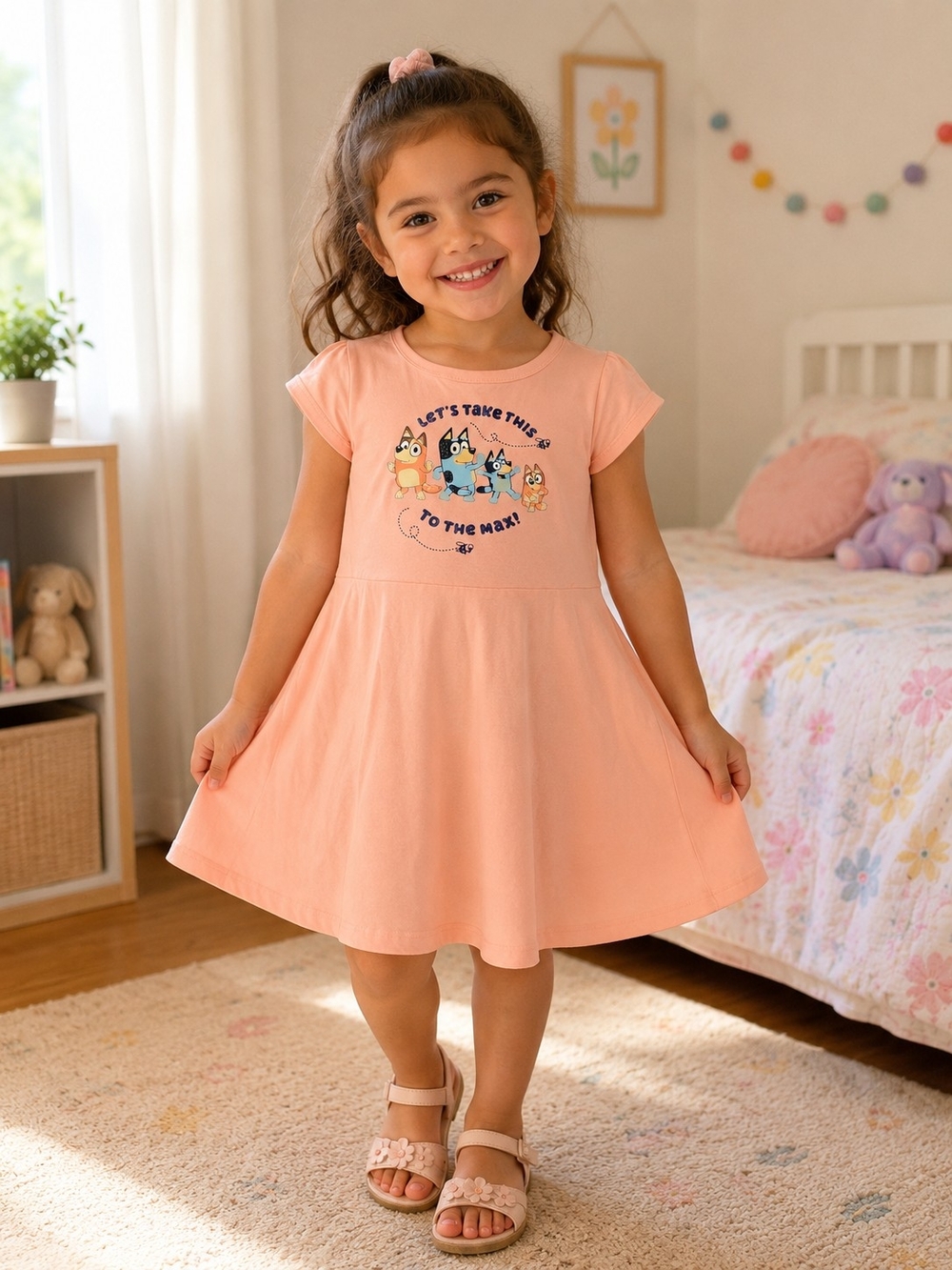 Bluey Girls' Peach Graphic Cap-Sleeve Dress